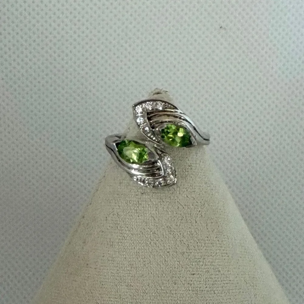 925 Sterling Silver Green Peridot Style Two Stone Bypass Ring